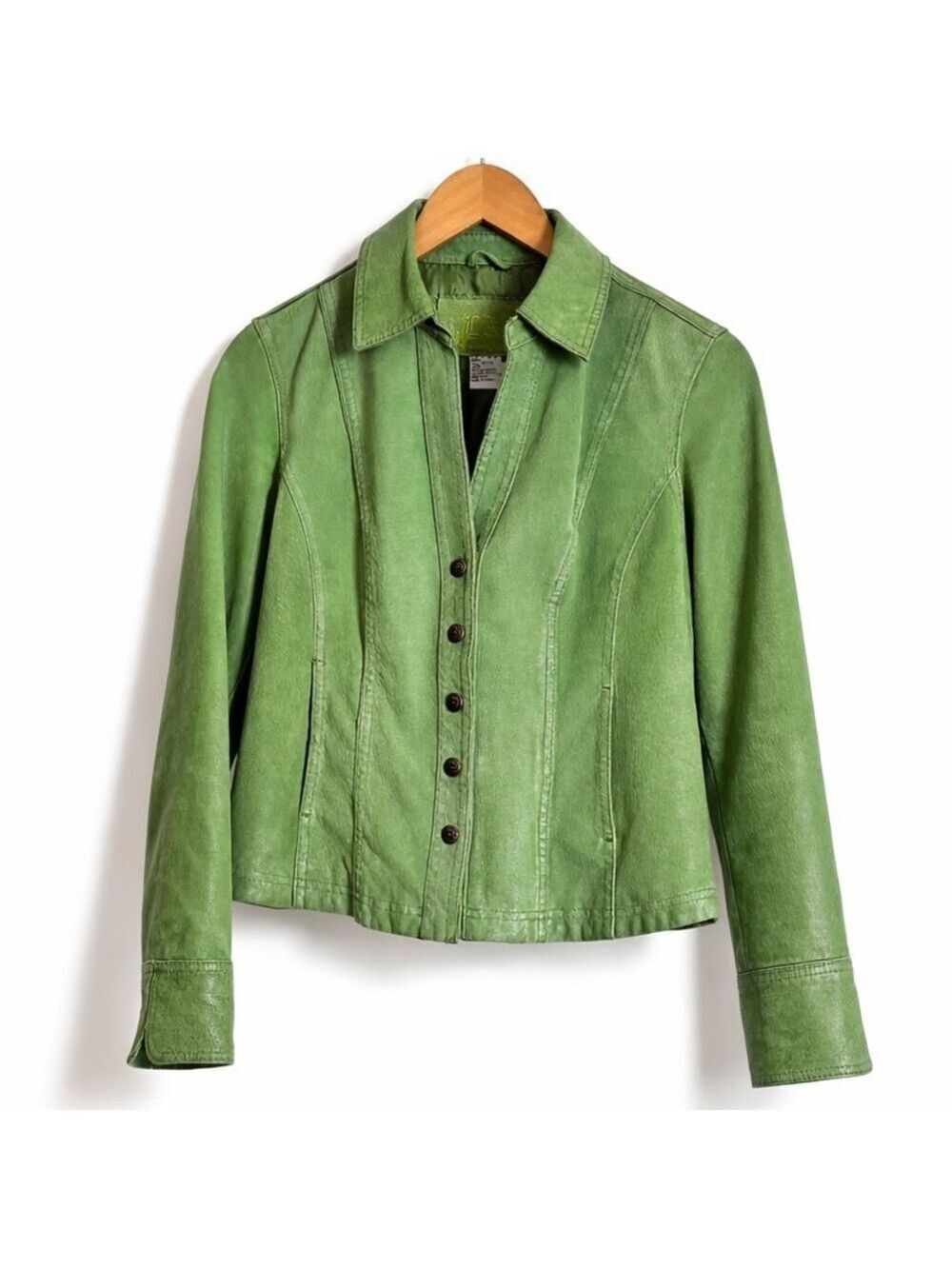 Live a Little Green Genuine Leather Button Front Jacket Small Boho Art Teacher